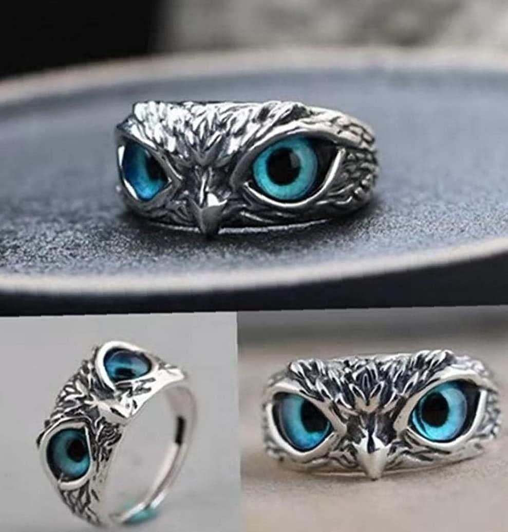 VIEN Silver Owl Ring Cat Eyes Animal Charm Vintage Rings for Men Women Ring Adjustable( Pack of 2)