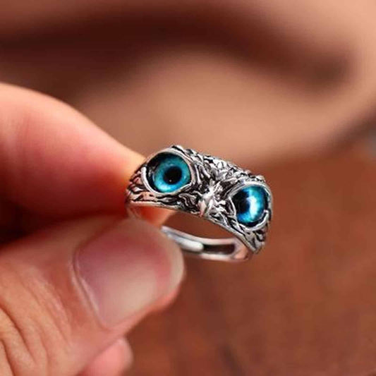 VIEN Silver Owl Ring Cat Eyes Animal Charm Vintage Rings for Men Women Ring Adjustable( Pack of 2)