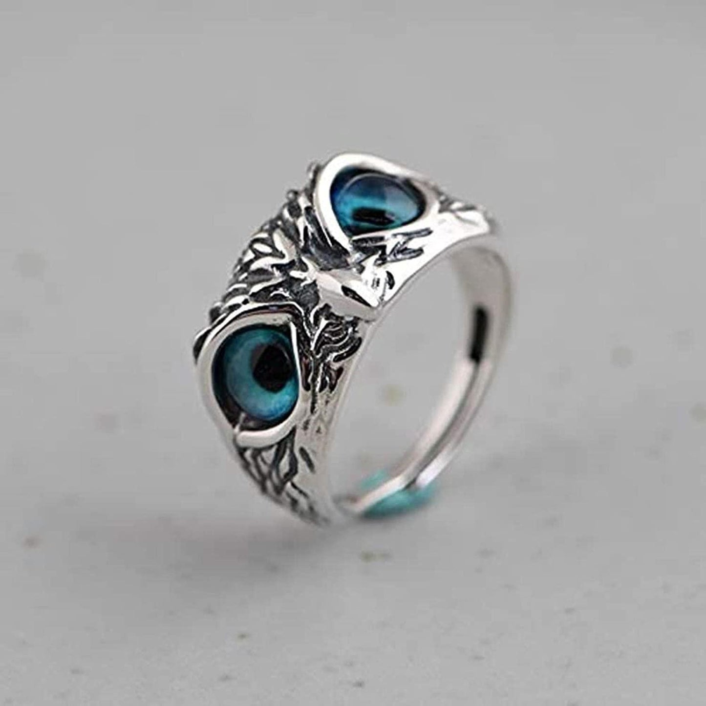 VIEN Silver Owl Ring Cat Eyes Animal Charm Vintage Rings for Men Women Ring Adjustable( Pack of 2)