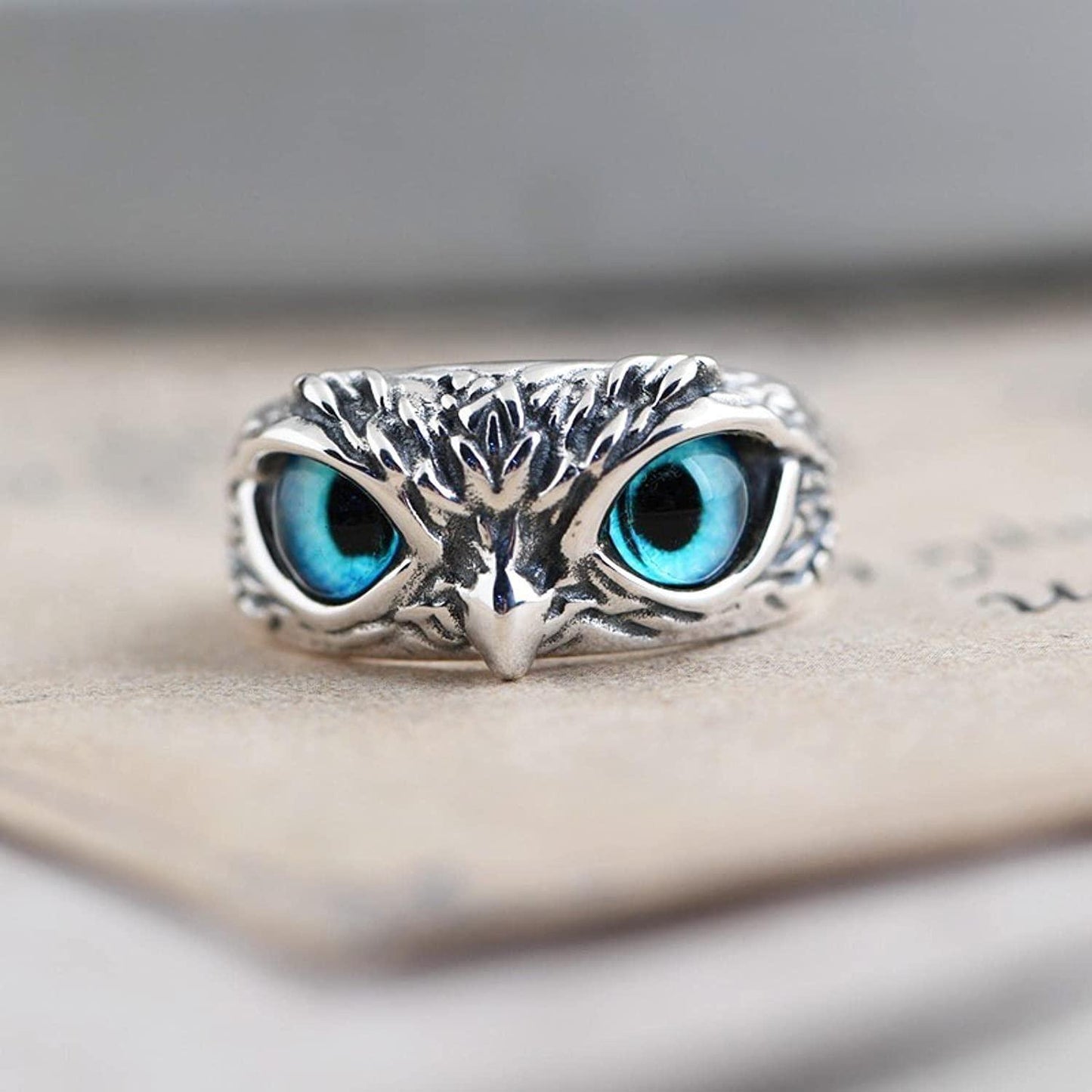 VIEN Silver Owl Ring Cat Eyes Animal Charm Vintage Rings for Men Women Ring Adjustable( Pack of 2)