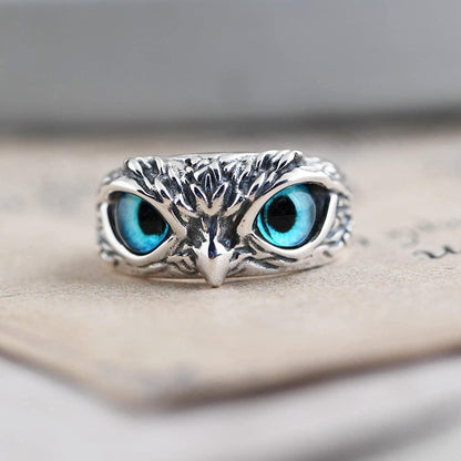 VIEN Silver Owl Ring Cat Eyes Animal Charm Vintage Rings for Men Women Ring Adjustable( Pack of 2)