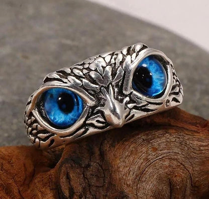 VIEN Silver Owl Ring Cat Eyes Animal Charm Vintage Rings for Men Women Ring Adjustable( Pack of 2)